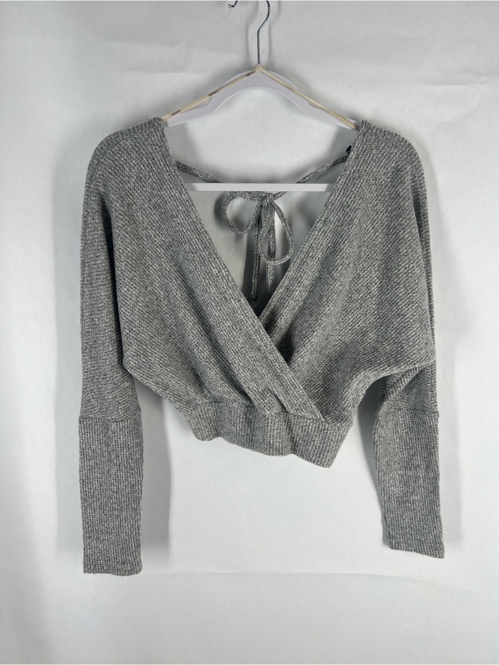 Forever 21 Gray Open Back Tie Wrap Crop Sweater Dolman Sleeve Size S